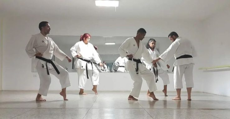 Sensei haciendo correcciones a alumnos adultos durante clase de karate 