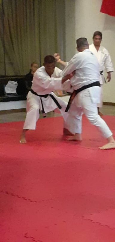 karatekas ejecutando aplicación realista de primer movimiento de Gojushihosho